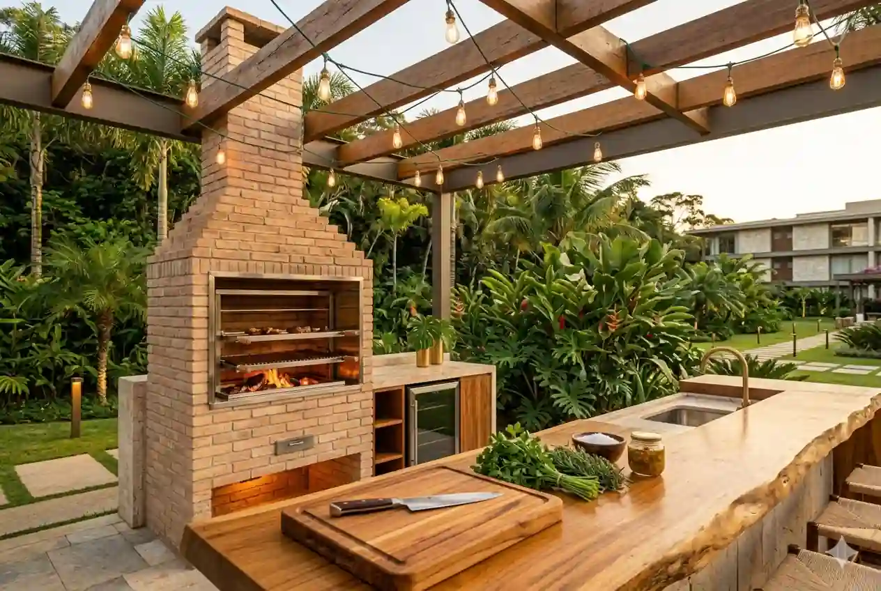 Churrasqueira de tijolos com bancada de madeira e pergolado